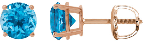 14K Gold Natural Swiss Blue Topaz Round 4-Prong Lightweight Stud Earrings – 7-8mm Stones - Rose Gold
