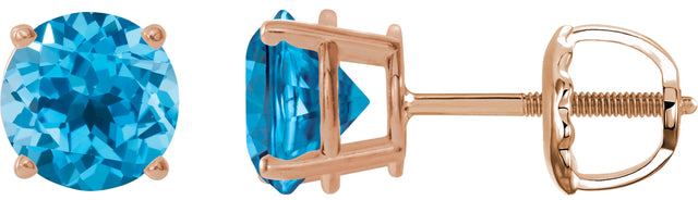 14K Gold Natural Swiss Blue Topaz Round 4-Prong Lightweight Stud Earrings – 7-8mm Stones - Rose Gold
