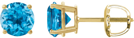 14K Gold Natural Swiss Blue Topaz Round 4-Prong Lightweight Stud Earrings – 7-8mm Stones - Yellow Gold