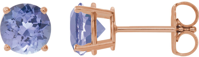 14K Gold Natural Tanzanite Round 4-Prong Lightweight Stud Earrings - Rose Gold