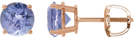 14K Gold Natural Tanzanite Round 4-Prong Lightweight Stud Earrings – 7mm Stones - Rose Gold