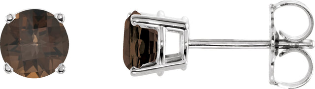 14K Gold Natural Smoky Quartz Round 4-Prong Lightweight Stud Earrings - White Gold
