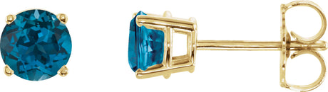 14K Gold Natural London Blue Topaz Round 4-Prong Lightweight Stud Earrings - Yellow Gold