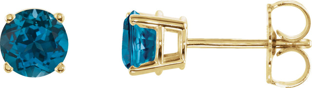 14K Gold Natural London Blue Topaz Round 4-Prong Lightweight Stud Earrings - Yellow Gold