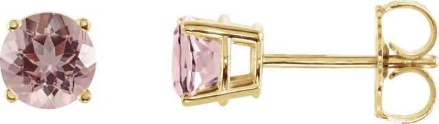 14K Gold Natural Pink Morganite Round 4-Prong Lightweight Stud Earrings - Yellow Gold