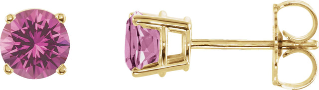 14K Gold Natural Pink Sapphire Round 4-Prong Lightweight Stud Earrings - Yellow Gold