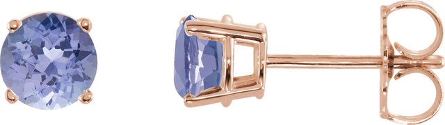14K Gold Natural Tanzanite Round 4-Prong Lightweight Stud Earrings - Rose Gold