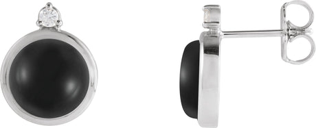 14K Gold Round Natural Black Onyx & Natural Diamond Cabochon Bezel-Set Earrings - White Gold