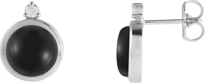 Platinum Round Natural Black Onyx & Natural Diamond Cabochon Bezel-Set Earrings