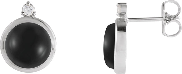 Platinum Round Natural Black Onyx & Natural Diamond Cabochon Bezel-Set Earrings