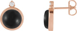 14K Gold Round Natural Black Onyx & Natural Diamond Cabochon Bezel-Set Earrings - Rose Gold