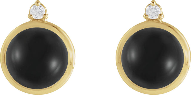 14K Gold Round Natural Black Onyx & Natural Diamond Cabochon Bezel-Set Earrings - Yellow Gold - view 2