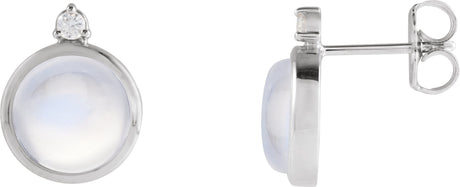 14K Gold Round Natural Rainbow Moonstone & Natural Diamond Cabochon Bezel-Set Earrings – 6-8mm Stones - White Gold