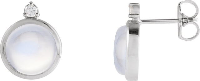 14K Gold Round Natural Rainbow Moonstone & Natural Diamond Cabochon Bezel-Set Earrings – 6-8mm Stones - White Gold