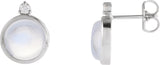 Platinum Round Natural Rainbow Moonstone & Natural Diamond Cabochon Bezel-Set Earrings – 6-8mm Stones