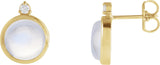 14K Gold Round Natural Rainbow Moonstone & Natural Diamond Cabochon Bezel-Set Earrings – 6-8mm Stones - Yellow Gold