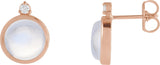 14K Gold Round Natural Rainbow Moonstone & Natural Diamond Cabochon Bezel-Set Earrings – 6-8mm Stones - Rose Gold