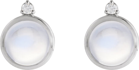 Platinum Round Natural Rainbow Moonstone & Natural Diamond Cabochon Bezel-Set Earrings – 6-8mm Stones - view 2