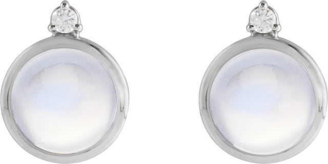 Platinum Round Natural Rainbow Moonstone & Natural Diamond Cabochon Bezel-Set Earrings – 6-8mm Stones - view 2
