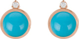 14K Gold Round Natural Turquoise & Natural Diamond Cabochon Bezel-Set Earrings - Rose Gold - view 2