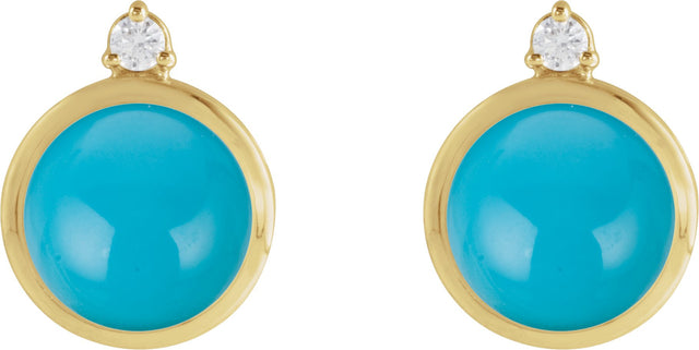14K Gold Round Natural Turquoise & Natural Diamond Cabochon Bezel-Set Earrings - Yellow Gold - view 2