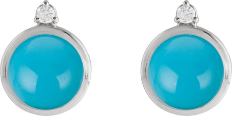 Platinum Round Natural Turquoise & Natural Diamond Cabochon Bezel-Set Earrings - view 2