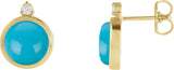 14K Gold Round Natural Turquoise & Natural Diamond Cabochon Bezel-Set Earrings - Yellow Gold