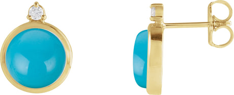 14K Gold Round Natural Turquoise & Natural Diamond Cabochon Bezel-Set Earrings - Yellow Gold