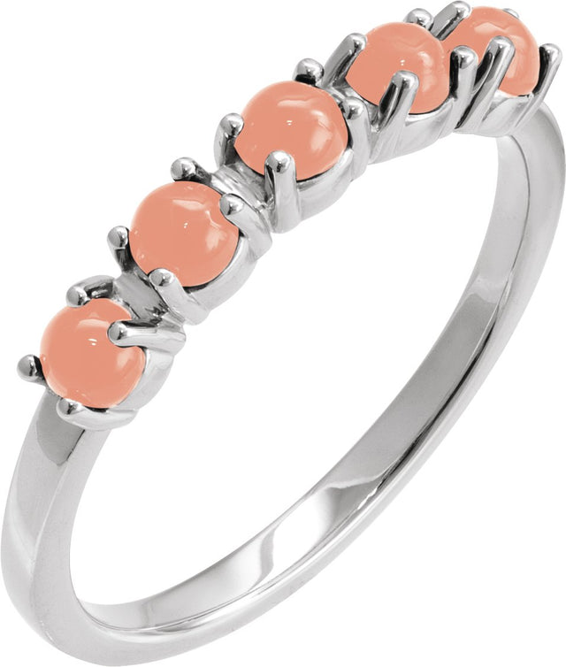 14K Gold Natural Pink Coral Cabochon Stackable Ring - White Gold