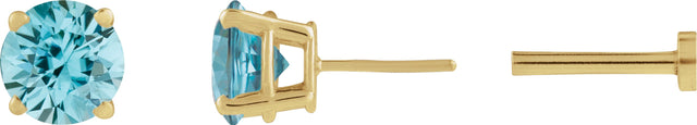 14K Gold Natural Blue Zircon Round 4-Prong Lightweight Stud Earrings - Yellow Gold