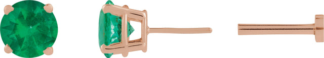 14K Gold Natural Emerald Round 4-Prong Lightweight Stud Earrings - Rose Gold