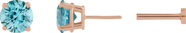 14K Gold Natural Blue Zircon Round 4-Prong Lightweight Stud Earrings - Rose Gold