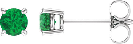 14K Gold Natural Emerald Round 4-Prong Lightweight Stud Earrings - White Gold