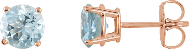 14K Gold Natural Aquamarine Round 4-Prong Lightweight Stud Earrings - Rose Gold