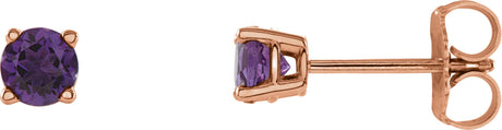 14K Gold Natural Amethyst Round 4-Prong Lightweight Stud Earrings – 2.5-8mm Stones - Rose Gold