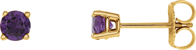 14K Gold Natural Amethyst Round 4-Prong Lightweight Stud Earrings – 2.5-8mm Stones - Yellow Gold
