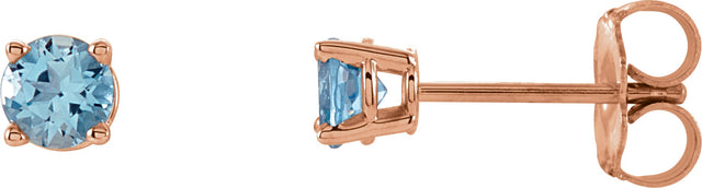 14K Gold Natural Aquamarine Round 4-Prong Lightweight Stud Earrings – 2.5-6mm Stones - Rose Gold