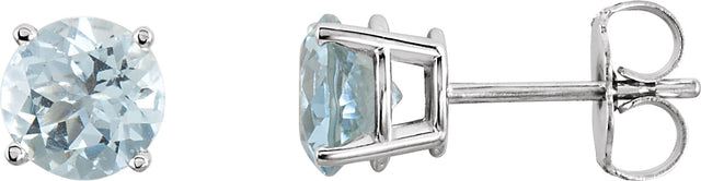14K Gold Natural Aquamarine Round 4-Prong Lightweight Stud Earrings – 2.5-6mm Stones - White Gold