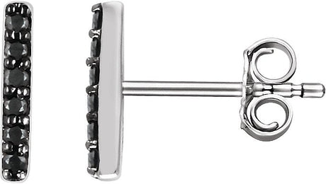 14K Gold Round Natural Black Diamond Bar Earrings - White Gold