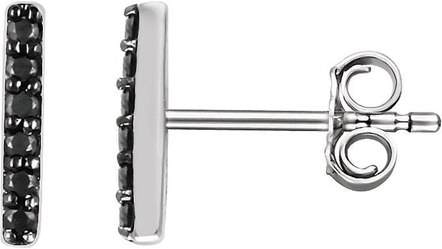 14K Gold Round Natural Black Diamond Bar Earrings - White Gold