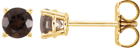 14K Gold Natural Smoky Quartz Round 4-Prong Lightweight Stud Earrings - Yellow Gold