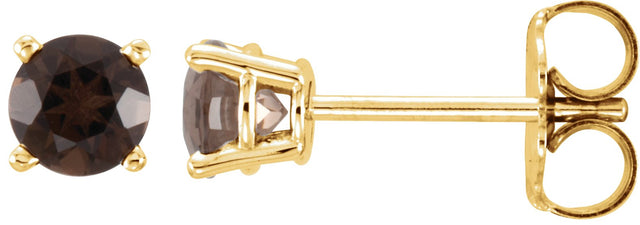 14K Gold Natural Smoky Quartz Round 4-Prong Lightweight Stud Earrings - Yellow Gold