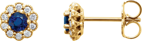 14K Gold Natural Blue Sapphire & Natural Diamond Round 4-Prong Halo-Style Earrings - Yellow Gold