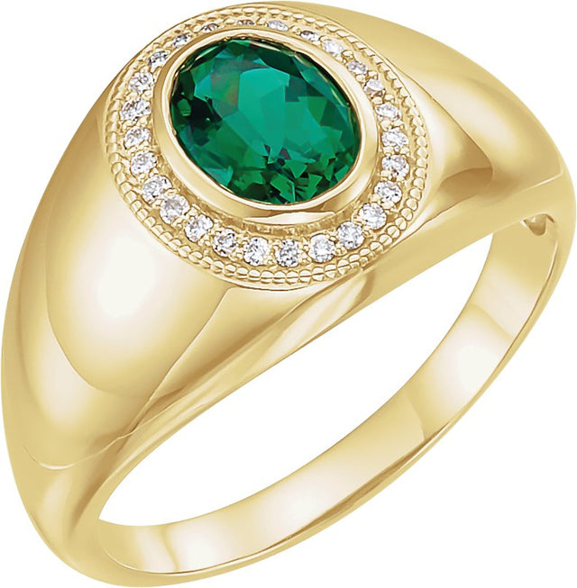 14K Gold Lab-Grown Emerald Bezel-Set Halo-Style Ring – 1/8 CTW - Yellow Gold