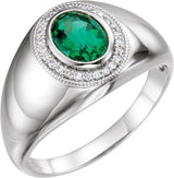 Platinum Lab-Grown Emerald Bezel-Set Halo-Style Ring – 1/8 CTW
