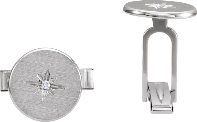 14K Gold Round Natural Diamond Star Cuff Links - White Gold
