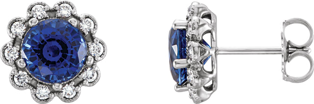 14K Gold Lab-Grown Blue Sapphire & Natural Diamond Round 4-Prong Halo-Style Earrings – 5-6.5mm Stones - White Gold