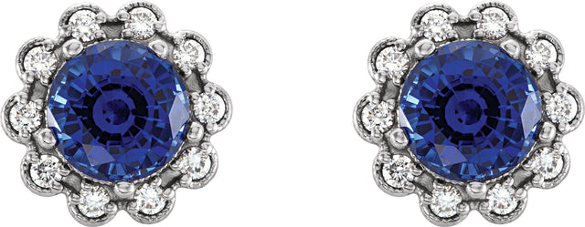 14K Gold Lab-Grown Blue Sapphire & Natural Diamond Round 4-Prong Halo-Style Earrings – 5-6.5mm Stones - White Gold - view 2