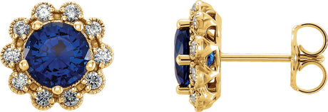 14K Gold Lab-Grown Blue Sapphire & Natural Diamond Round 4-Prong Halo-Style Earrings – 5-6.5mm Stones - Yellow Gold
