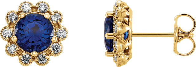 14K Gold Lab-Grown Blue Sapphire & Natural Diamond Round 4-Prong Halo-Style Earrings – 5-6.5mm Stones - Yellow Gold